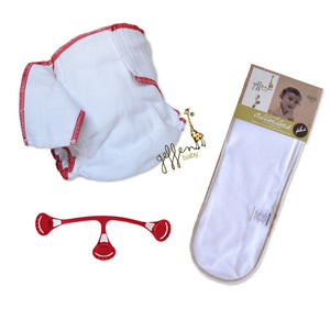 Geffen Baby’s Cloth Diaper Fitted Bundle, including a snapless fitted cloth diaper, a Snappi fastener, and a quick absorber insert on a white background
