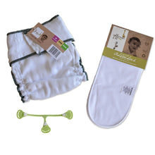 Geffen Baby’s Cloth Diaper Fitted Bundle.  including a snapless fitted cloth diaper, a Snappi fastener, and a quick absorber insert on a light background