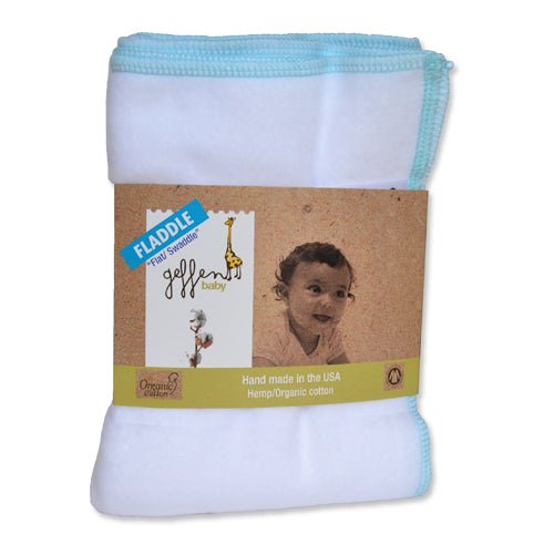 Geffen Baby FLADDLE. Cloth flat swaddle made of 60% hemp and 40% organic cotton, hand made in the USA, displayed on a light background