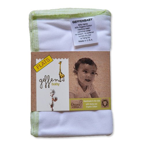 Geffen Baby organic cotton flat cloth diaper made of 60% hemp and 40% organic cotton, featuring labels and certifications including βMade in USAβ and βCertified Organic Cotton.