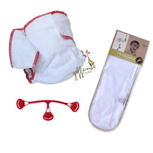 Geffen Baby’s fitted bundle displayed, including a snapless fitted cloth diaper, a Snappi fastener, and a quick absorber insert on a white background