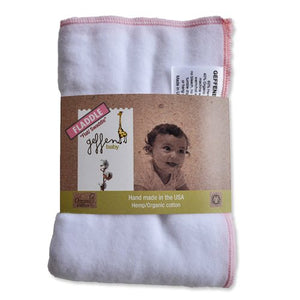 A packaged GeffenBaby FLADDLE flat swaddle made of 60% hemp and 40% organic cotton, hand made in the USA, displayed on a light background