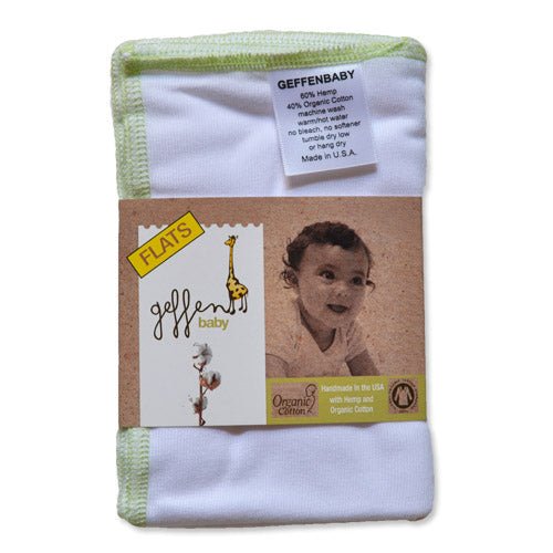 A packaged Geffen Baby flat diaper made of 60% hemp and 40% organic cotton, featuring labels and certifications including ‘Made in USA’ and ‘Certified Organic Cotton.